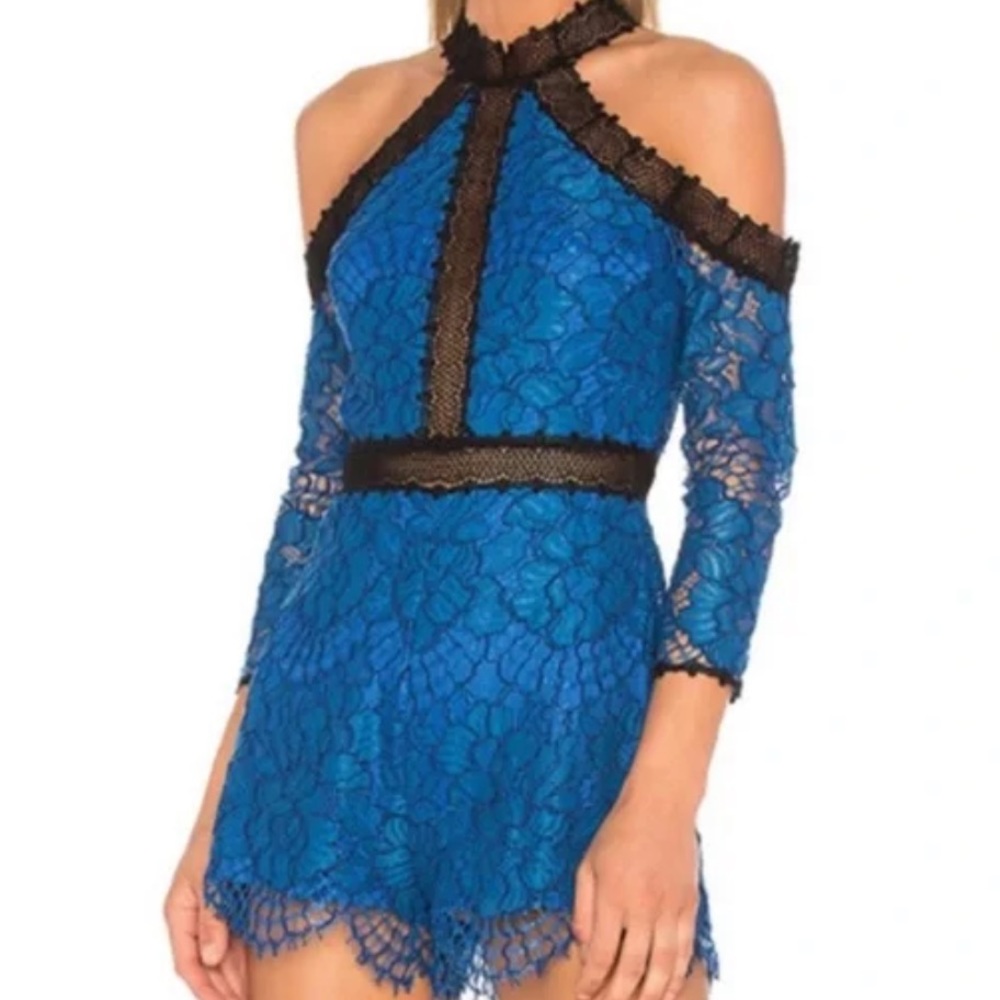 Alexis Royal Blue Lace Cold-Shoulder Romper with Black Trim